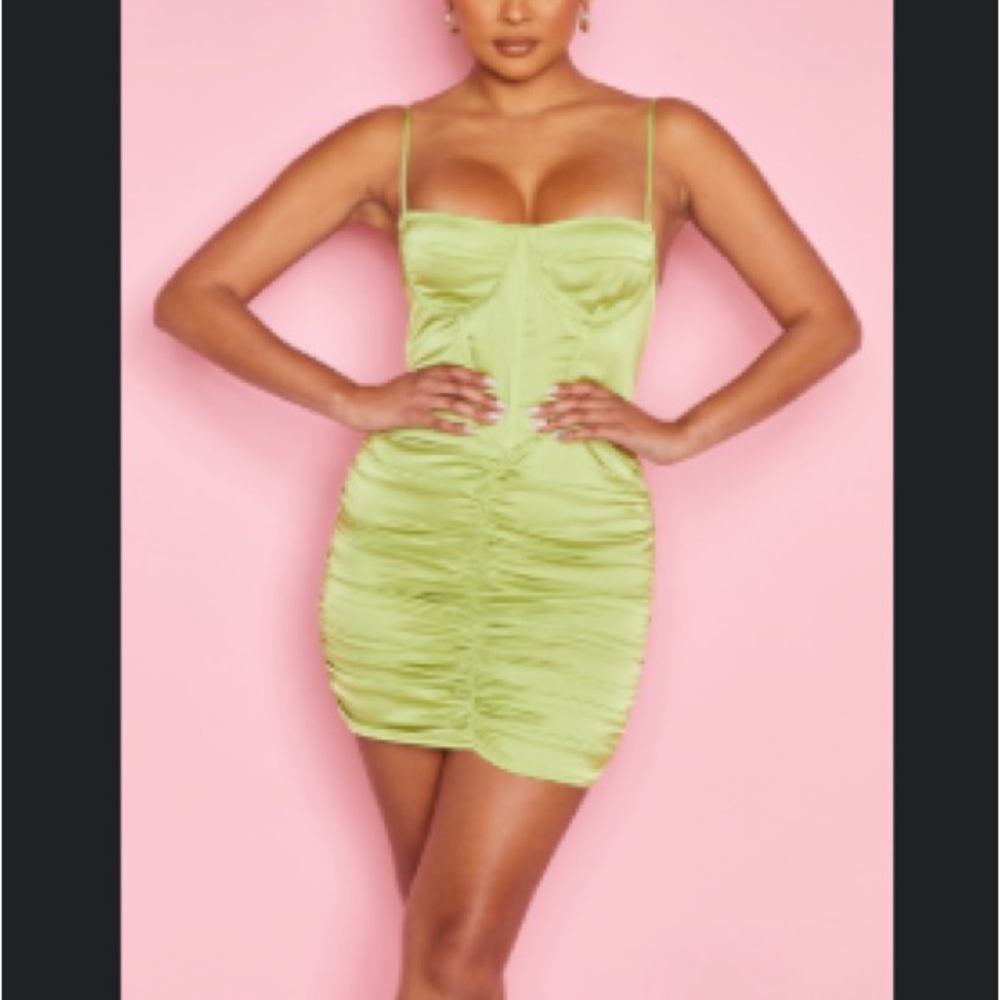 PLT Olive Satin Strappy Corset Detail Ruched Bodycon Dress🧚🏼